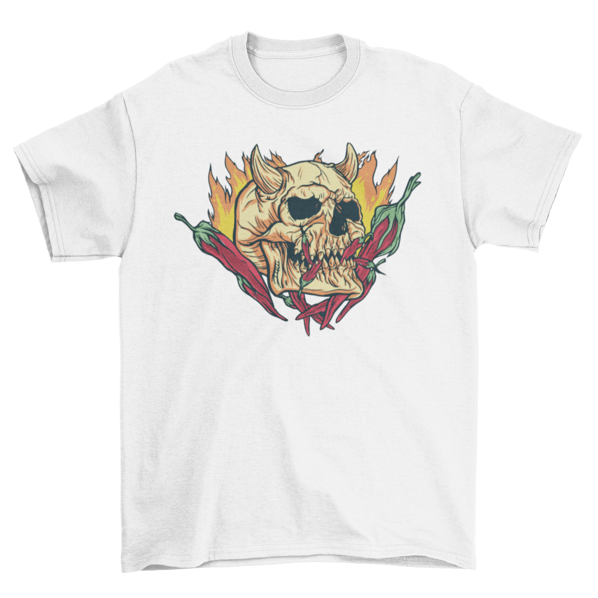 Hot Chili Demon Skull T-shirt featuring a horned skull design with flames and hot chilis.