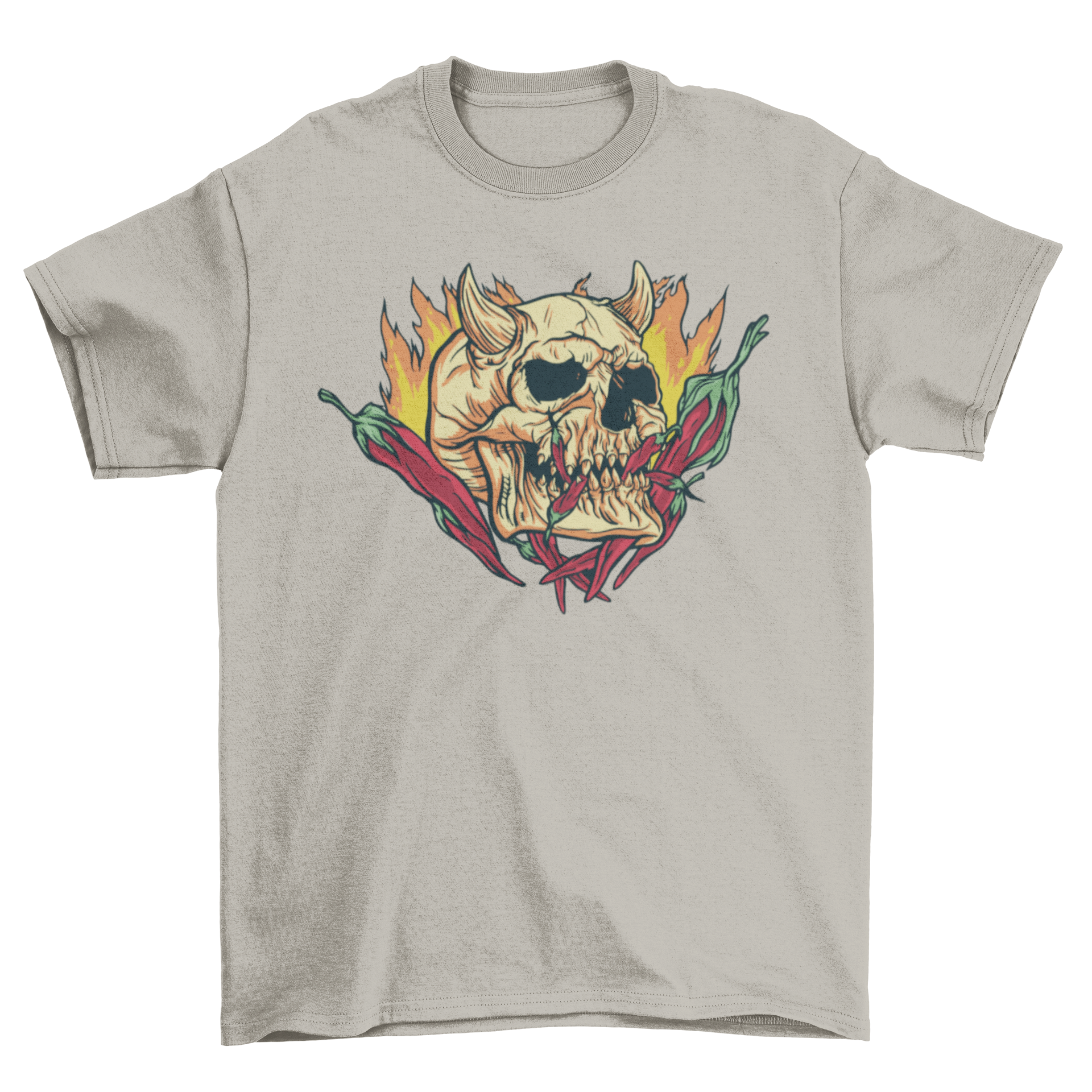 Hot Chili Demon Skull T-shirt featuring a horned skull design with flames and hot chilis.