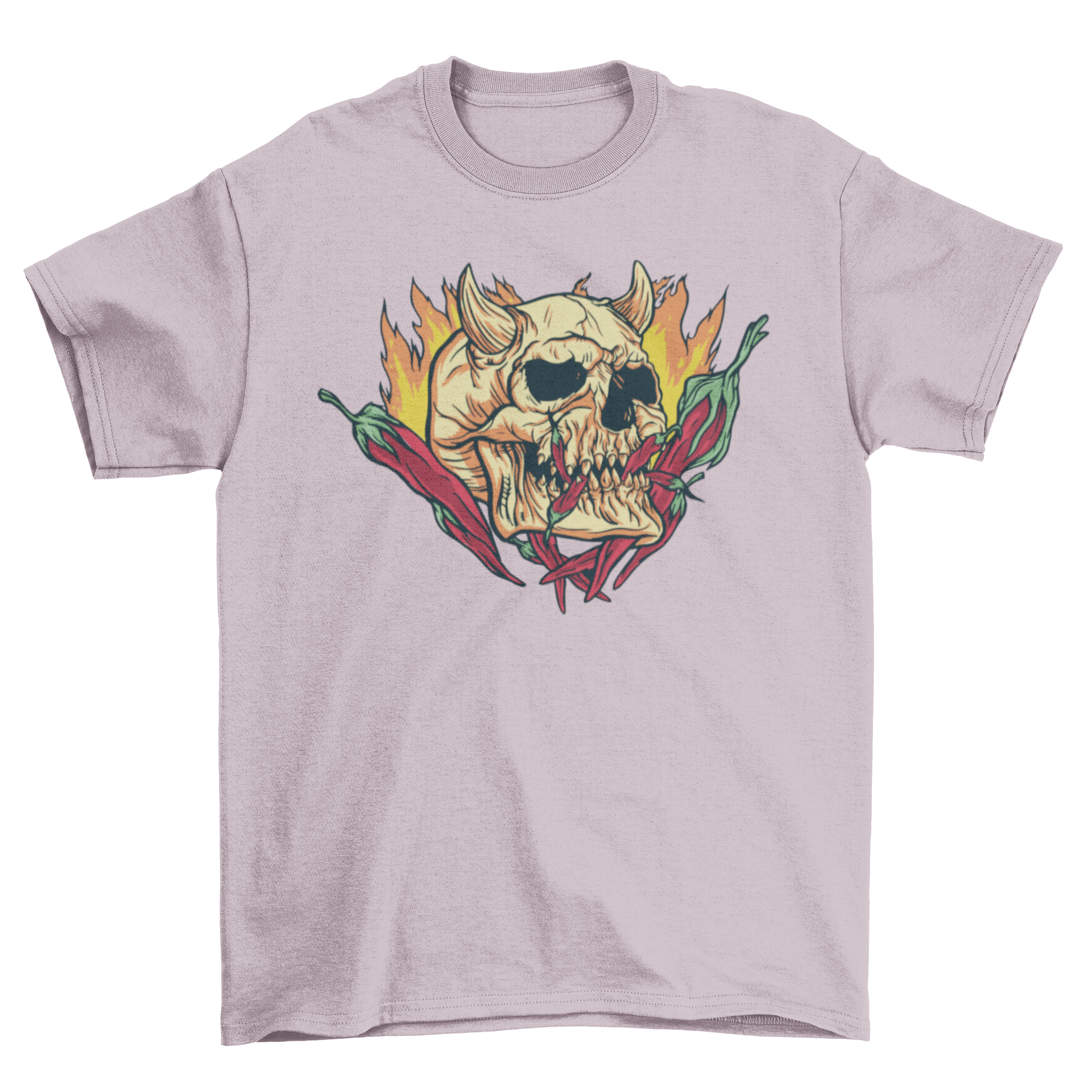 Hot Chili Demon Skull T-shirt featuring a horned skull design with flames and hot chilis.