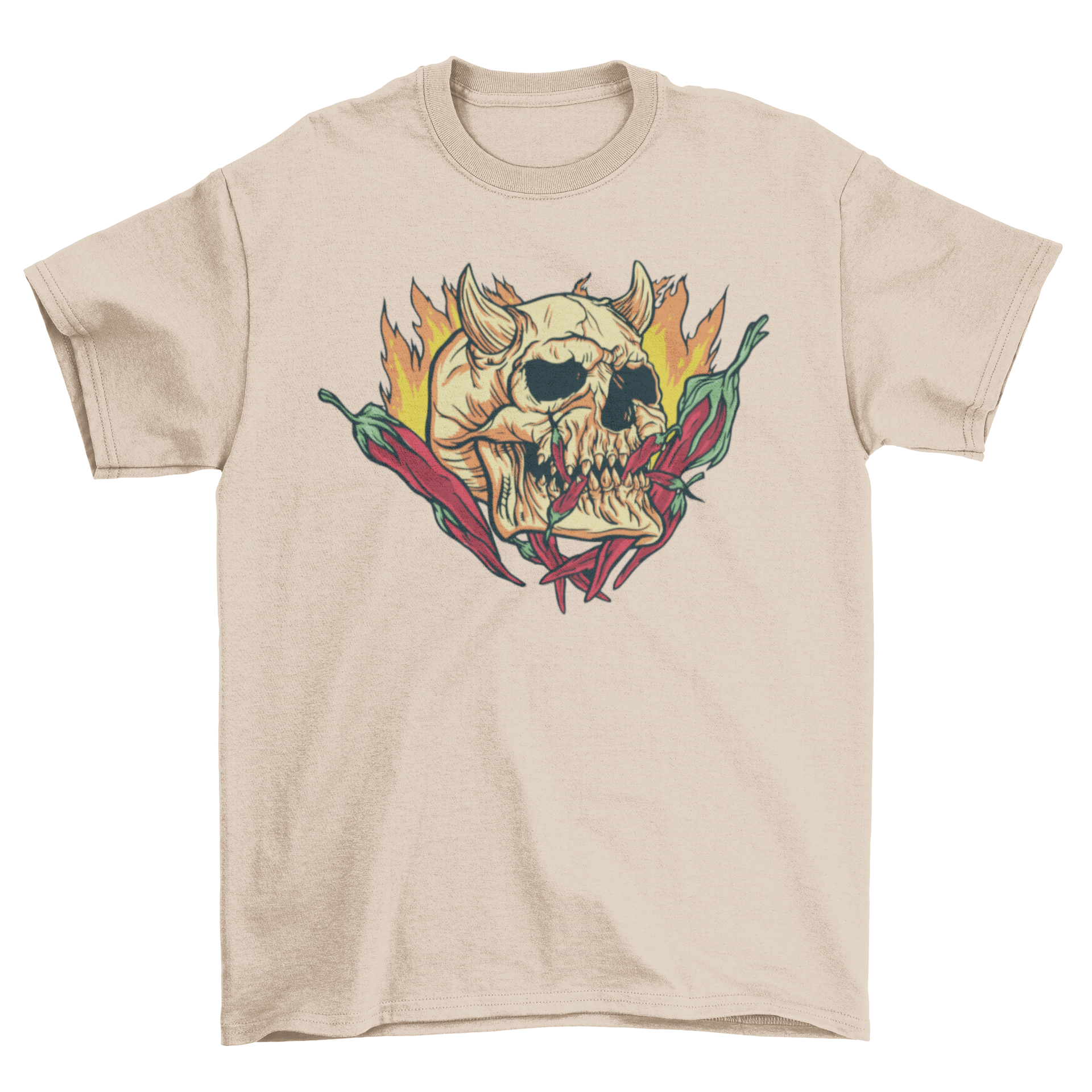 Hot Chili Demon Skull T-shirt featuring a horned skull design with flames and hot chilis.