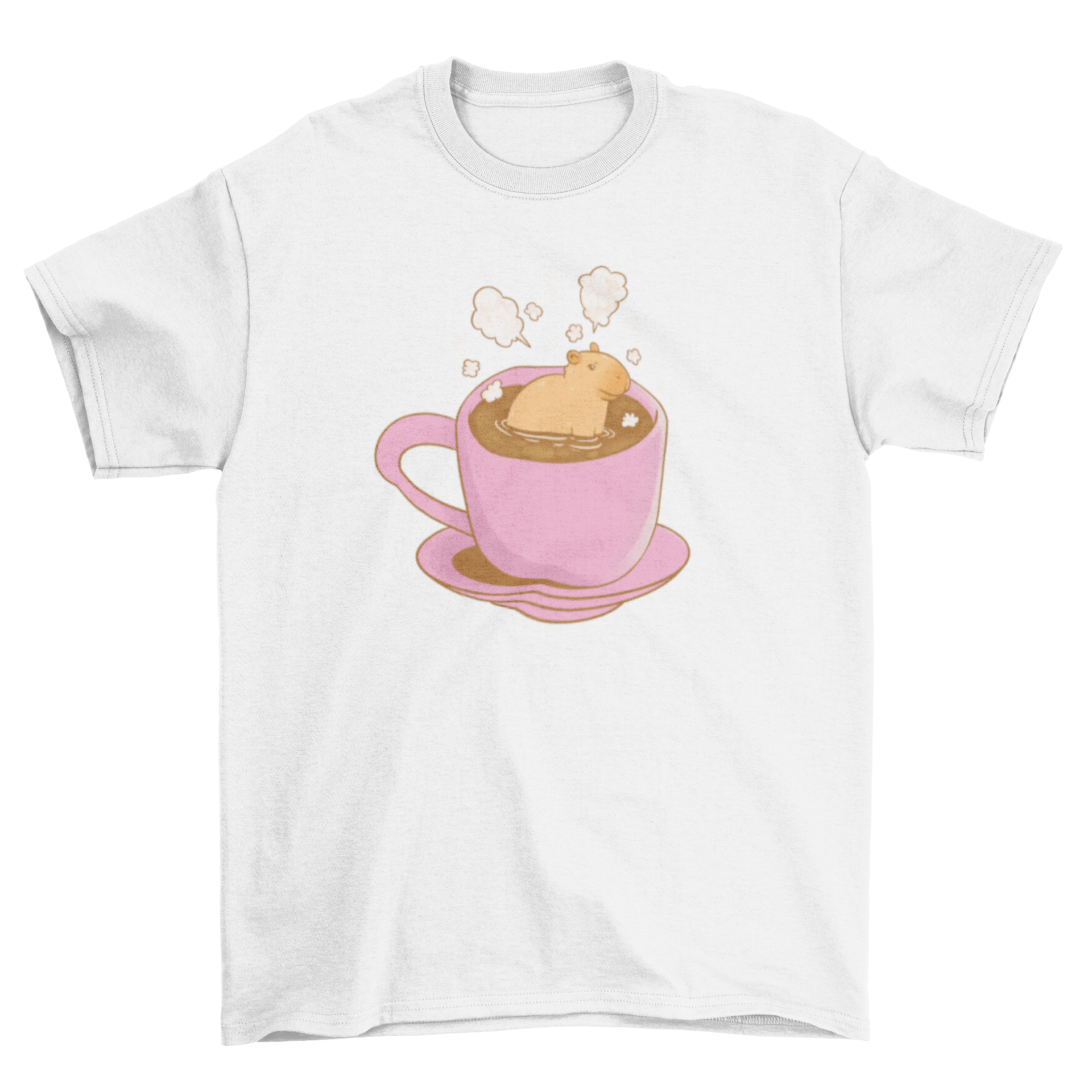 A playful t-shirt featuring a capybara sitting in a steaming cup of hot coffee, showcasing a whimsical design.