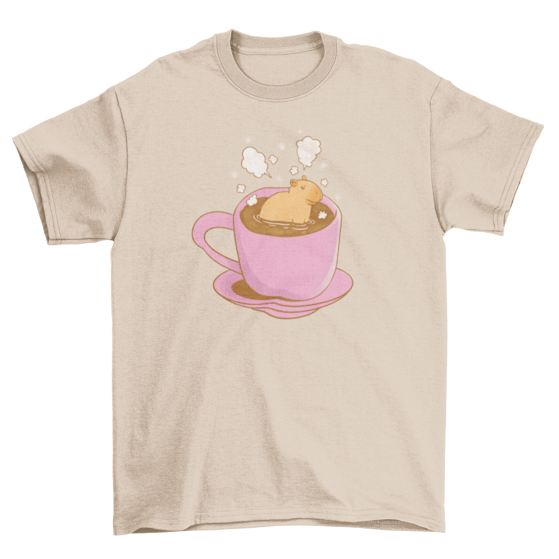 A playful t-shirt featuring a capybara sitting in a steaming cup of hot coffee, showcasing a whimsical design.