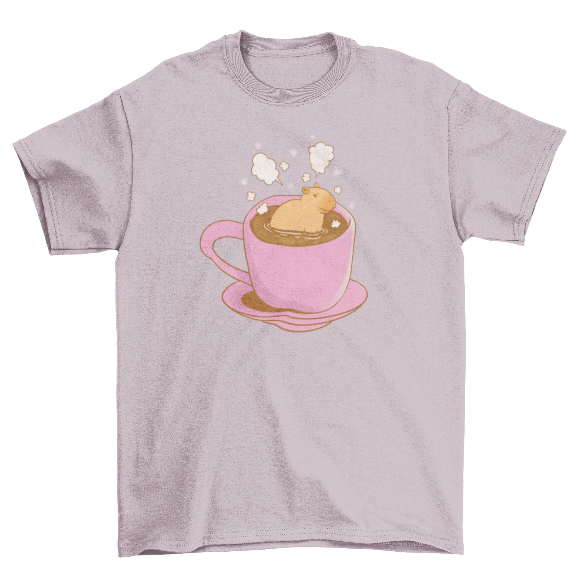 A playful t-shirt featuring a capybara sitting in a steaming cup of hot coffee, showcasing a whimsical design.