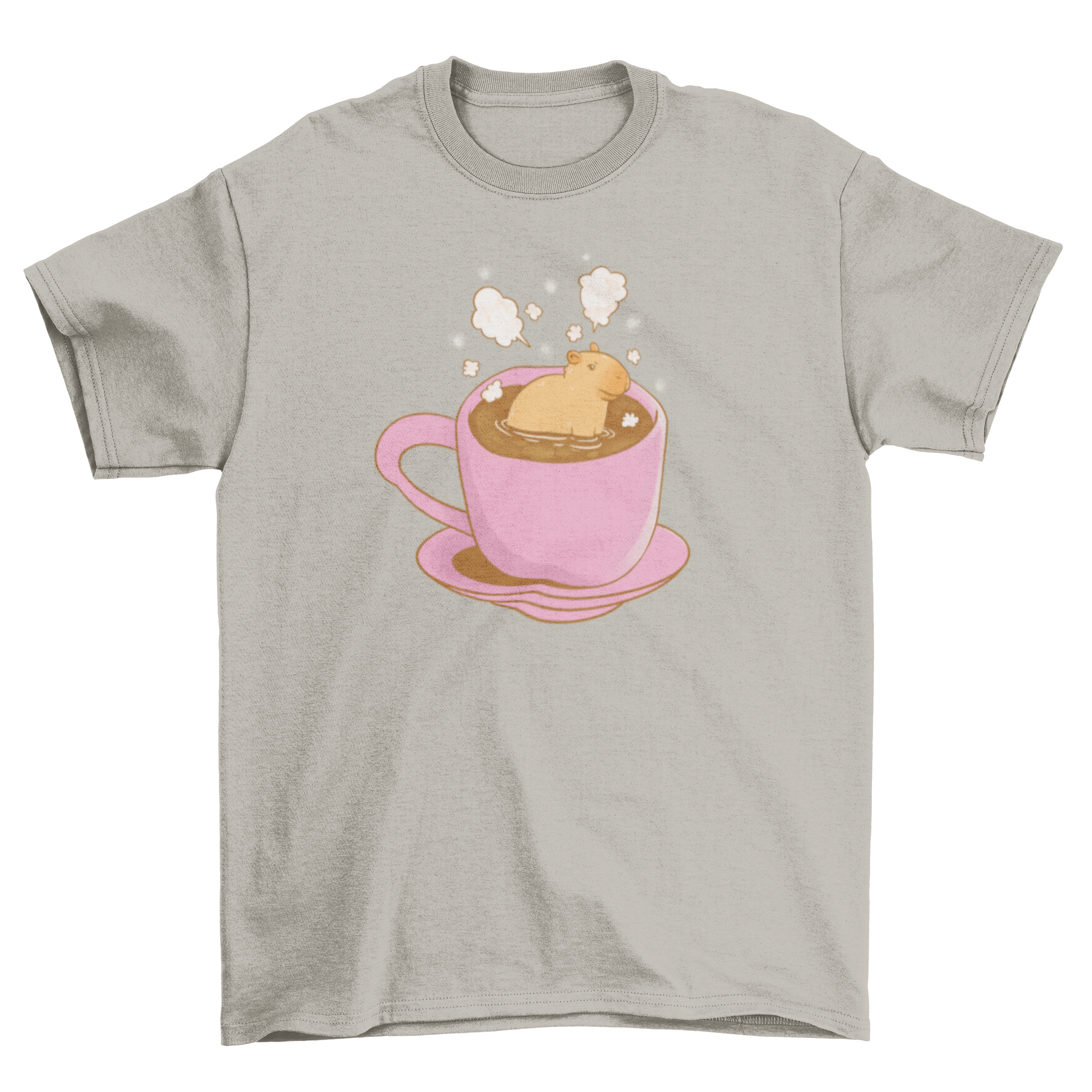 A playful t-shirt featuring a capybara sitting in a steaming cup of hot coffee, showcasing a whimsical design.