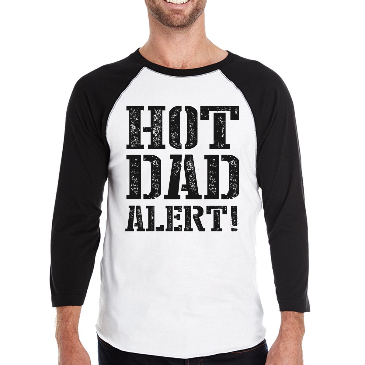 Hot Dad Alert Men's Cotton Baseball Raglan Tee featuring ¾ sleeves and a unique design, perfect for Father's Day gifts.