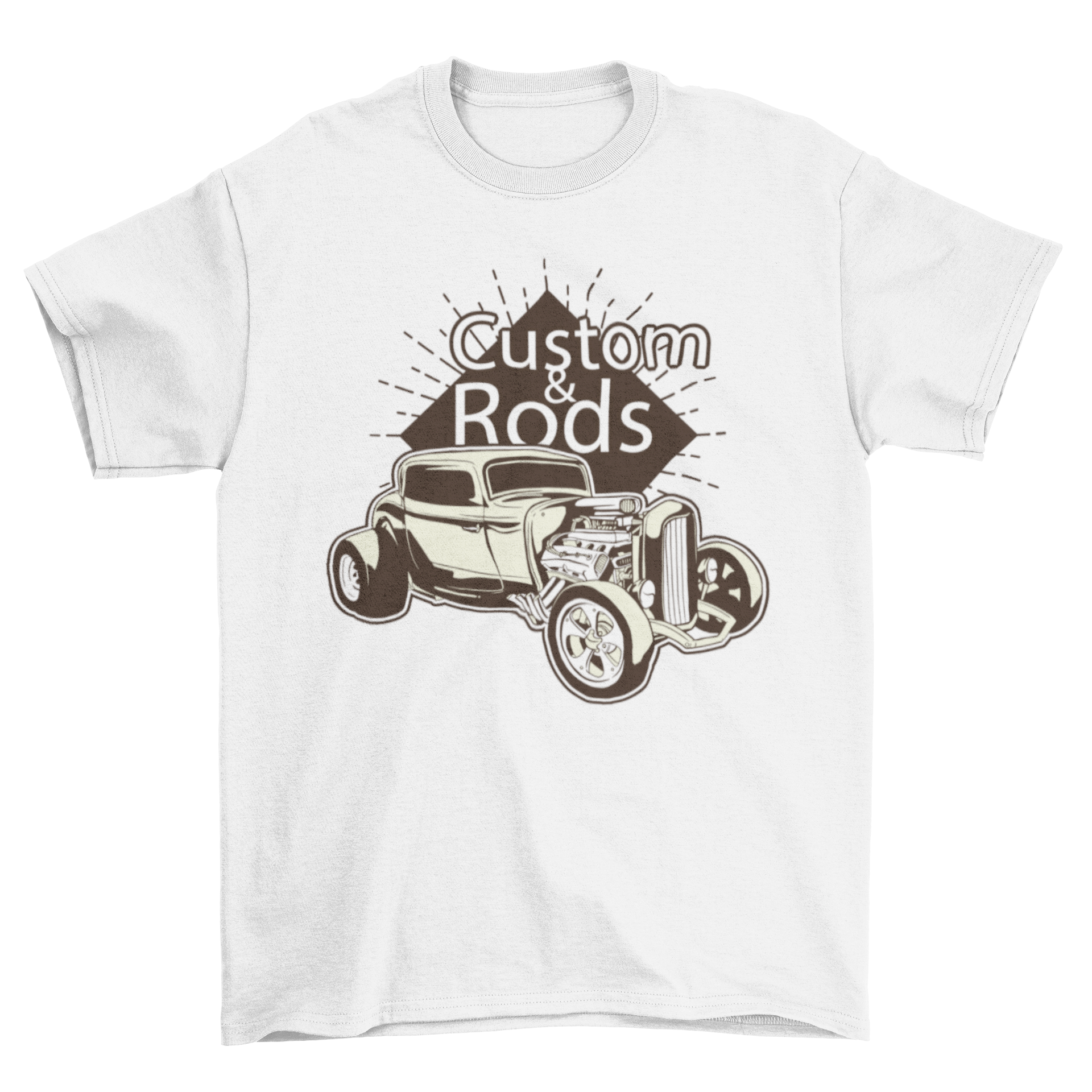 Hot Rod Custom Quote T-shirt featuring a vibrant hot rod illustration and the quote CUSTOM & RODS.