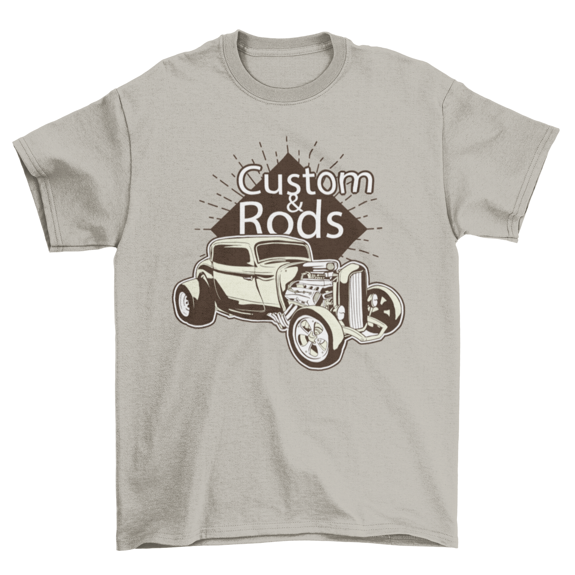 Hot Rod Custom Quote T-shirt featuring a vibrant hot rod illustration and the quote CUSTOM & RODS.