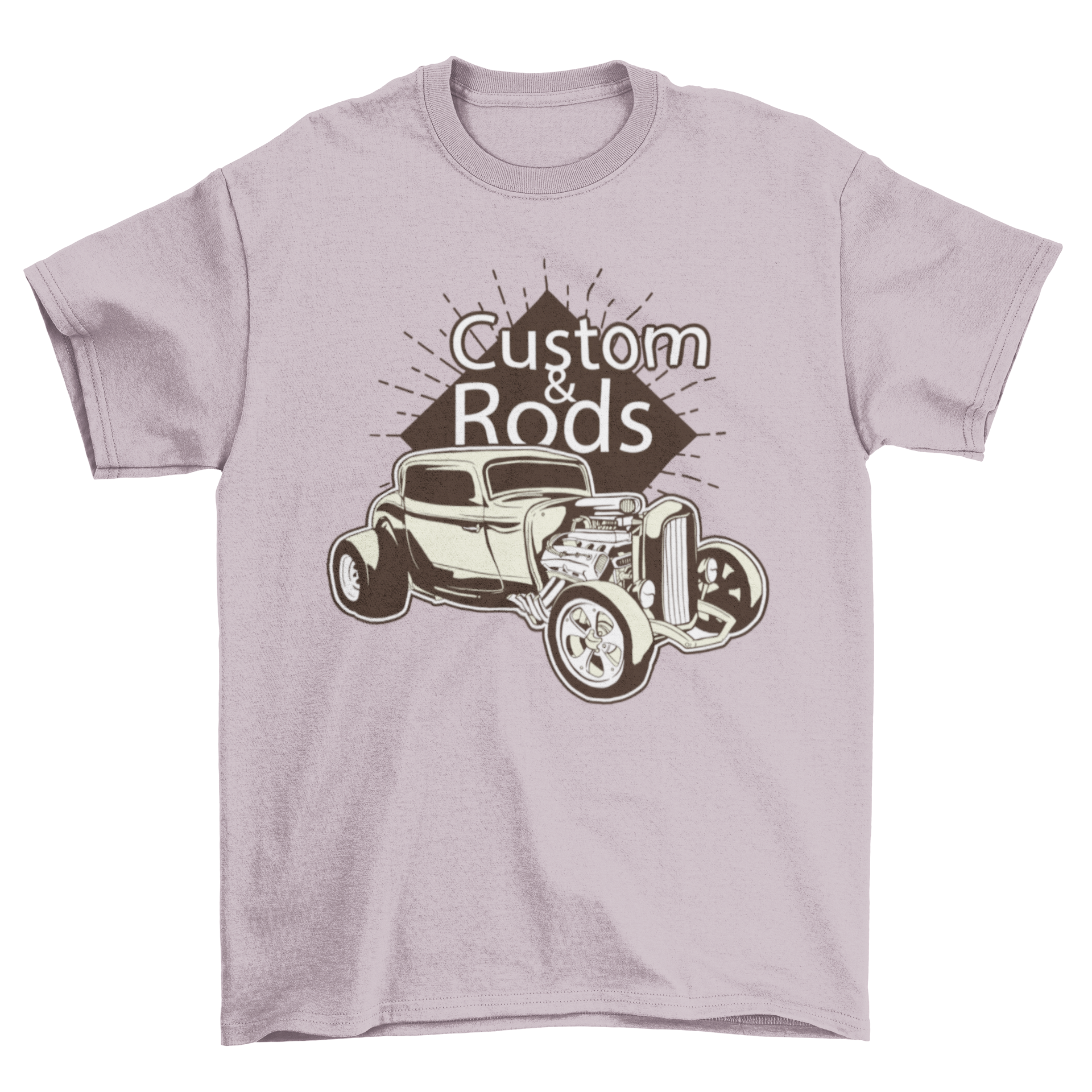 Hot Rod Custom Quote T-shirt featuring a vibrant hot rod illustration and the quote CUSTOM & RODS.