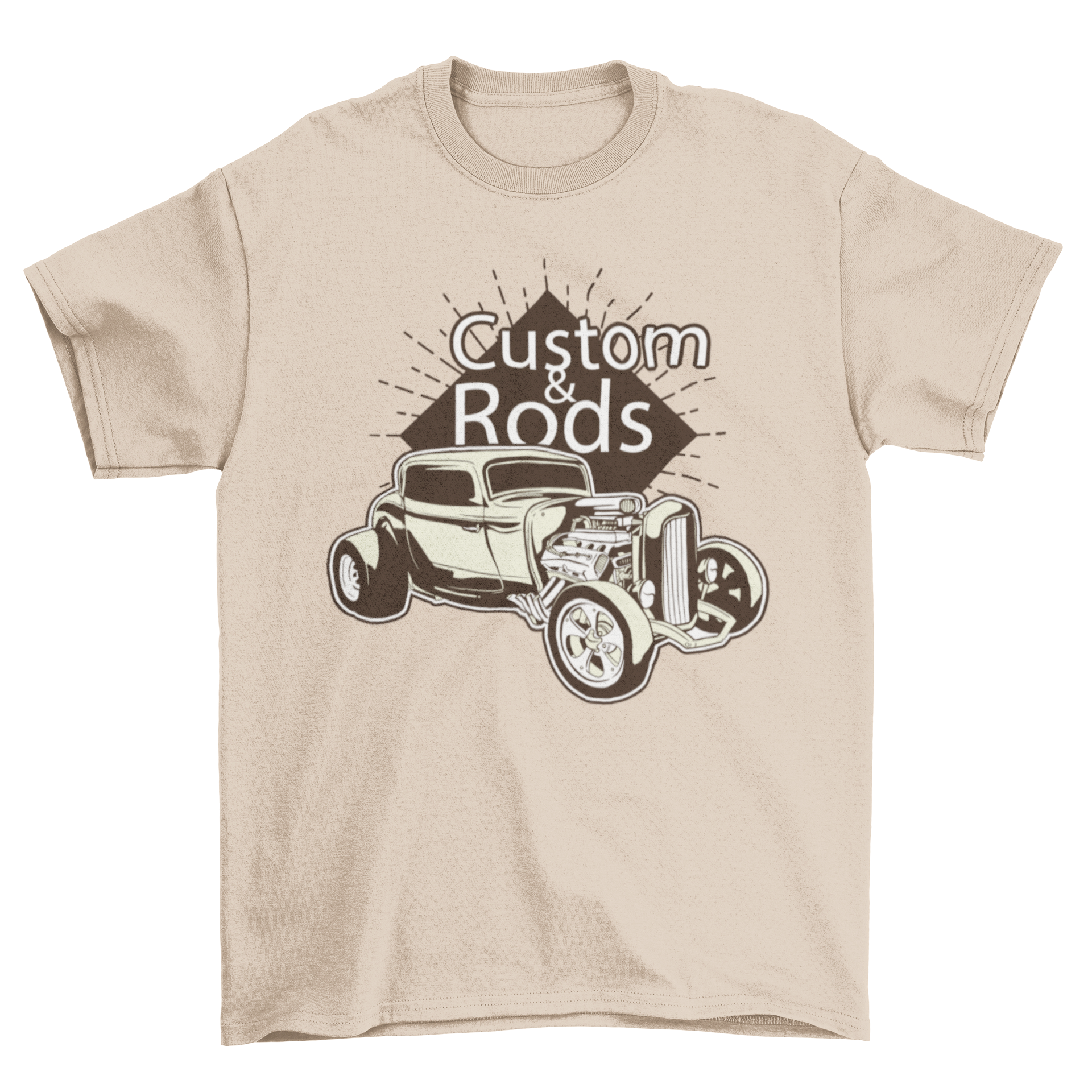 Hot Rod Custom Quote T-shirt featuring a vibrant hot rod illustration and the quote CUSTOM & RODS.