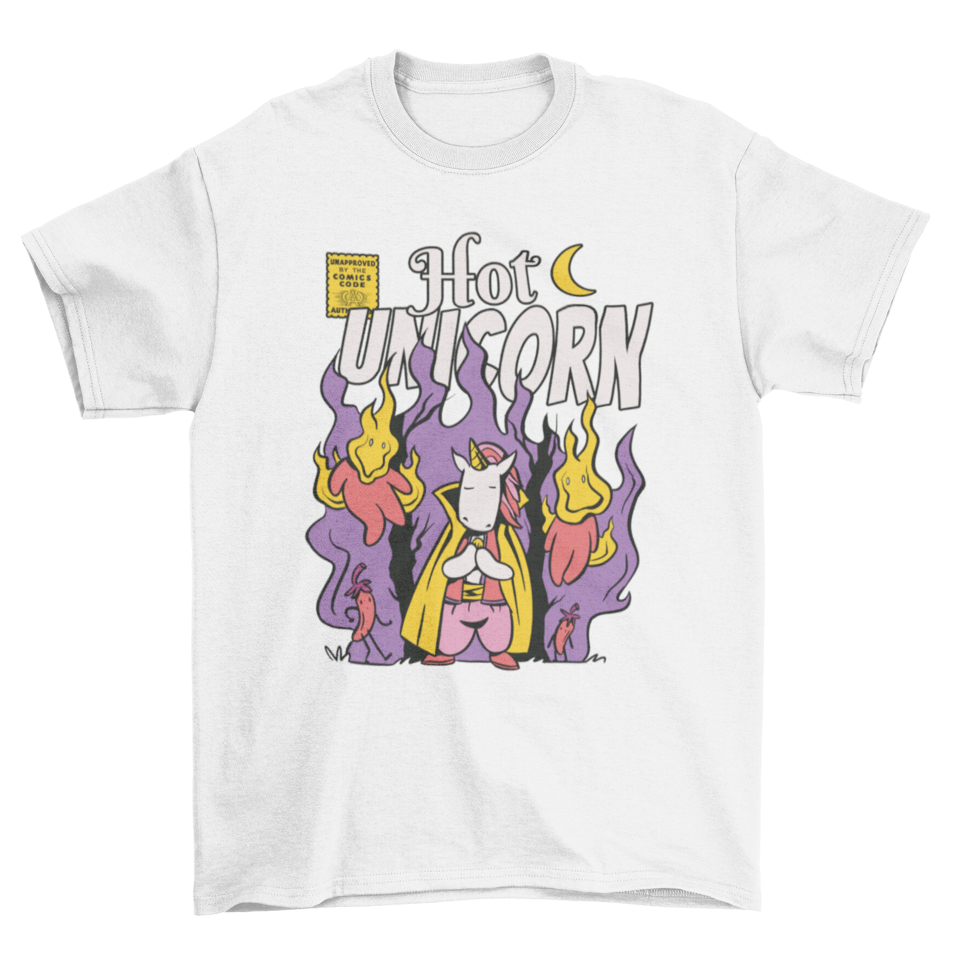 A colorful cartoon-style t-shirt featuring a unicorn surrounded by flames, showcasing a fun and whimsical design.