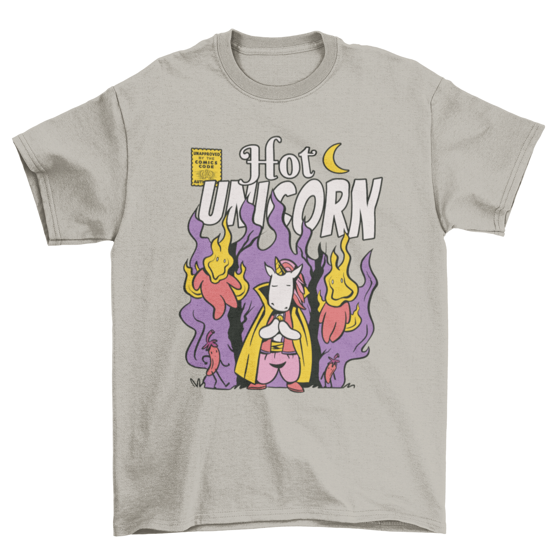 A colorful cartoon-style t-shirt featuring a unicorn surrounded by flames, showcasing a fun and whimsical design.