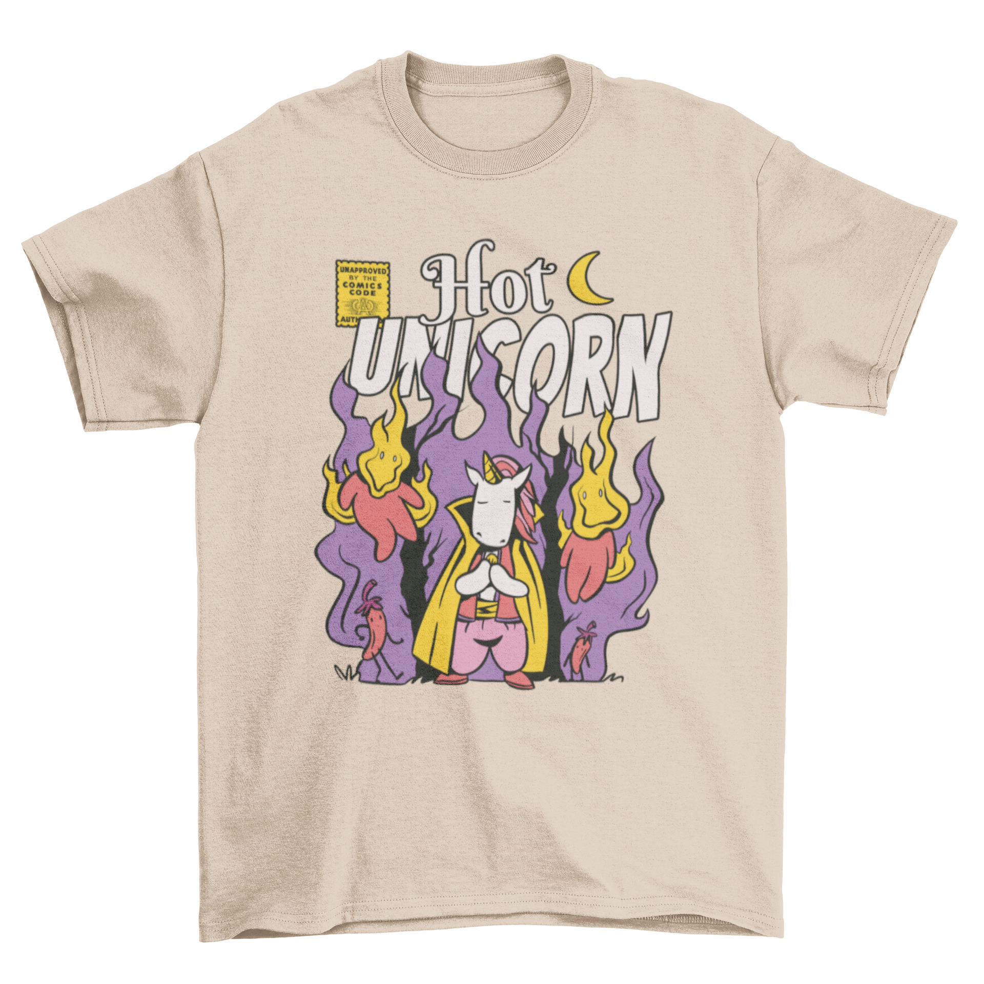 A colorful cartoon-style t-shirt featuring a unicorn surrounded by flames, showcasing a fun and whimsical design.