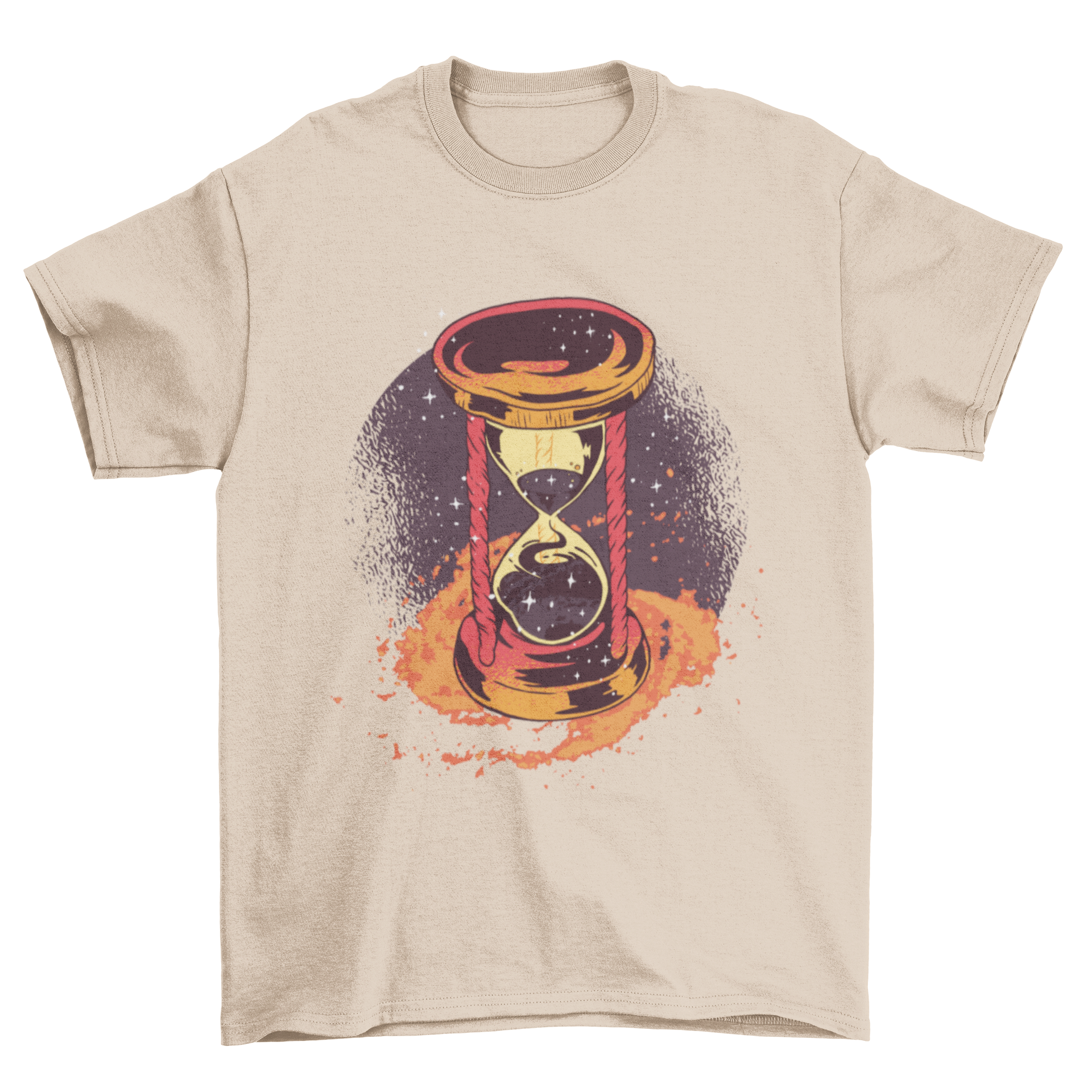 A colorful Hourglass T-shirt featuring a detailed illustration of an hourglass, showcasing its artistic design.