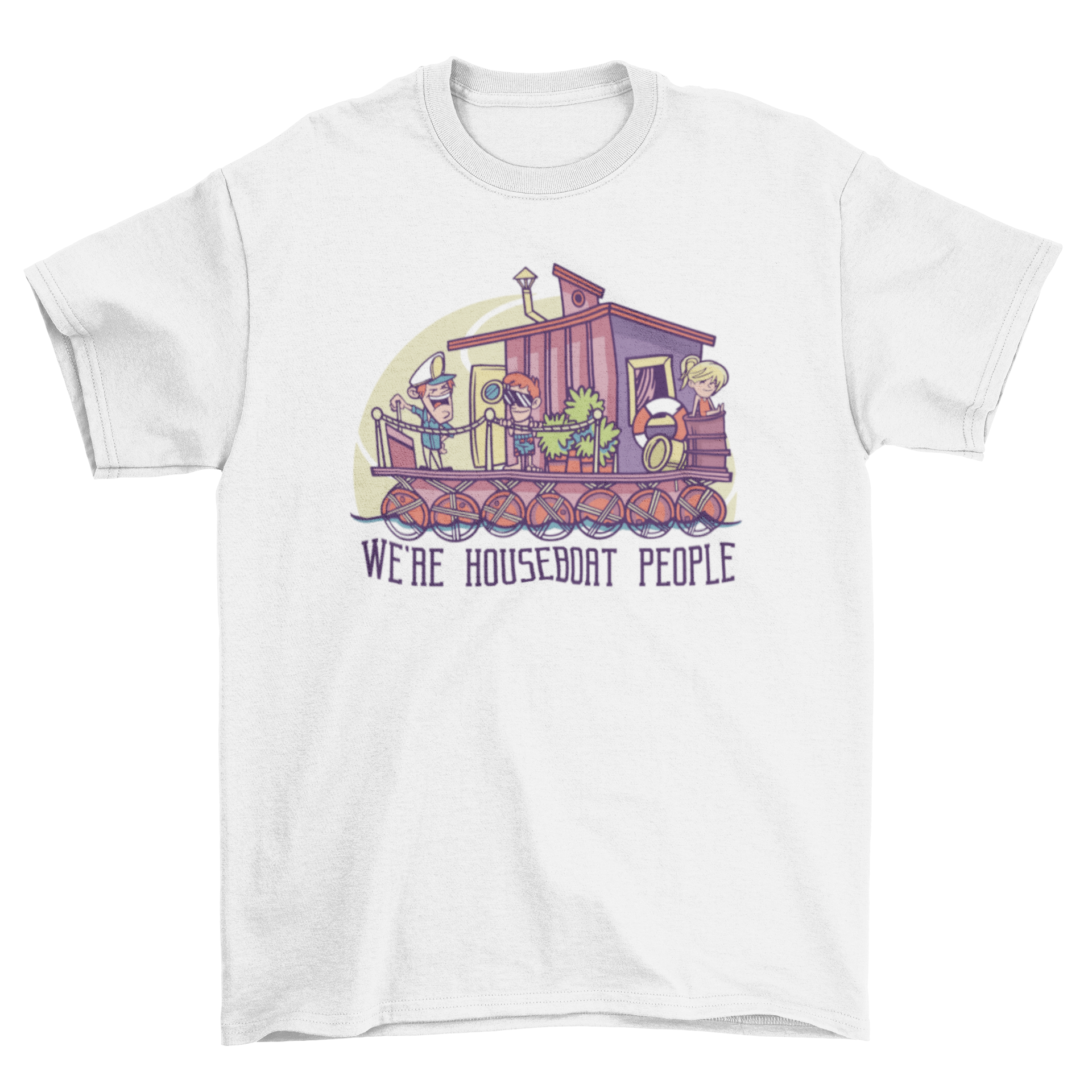 A fun t-shirt featuring three cartoons on a houseboat with the caption 'We're houseboat people'.