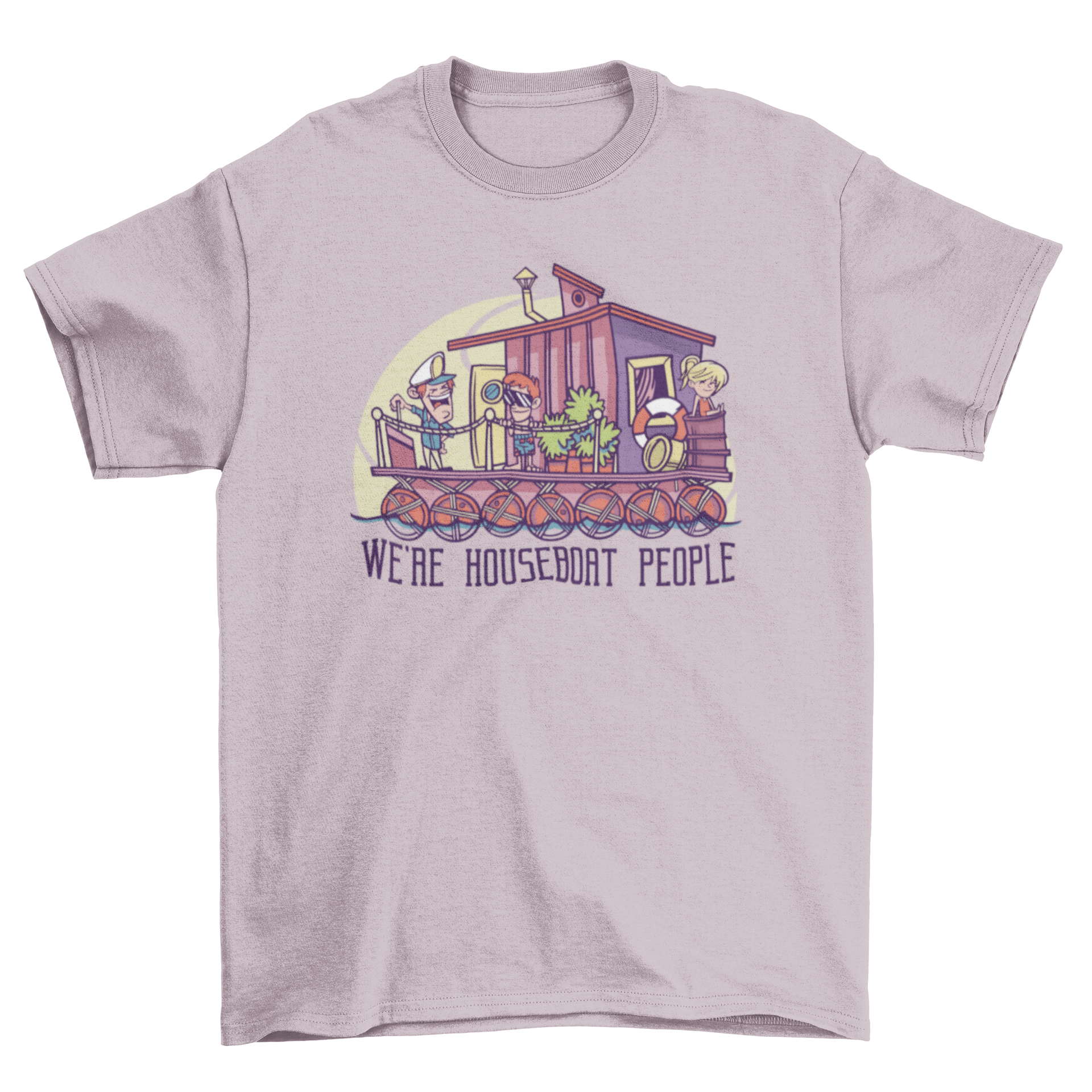 A fun t-shirt featuring three cartoons on a houseboat with the caption 'We're houseboat people'.