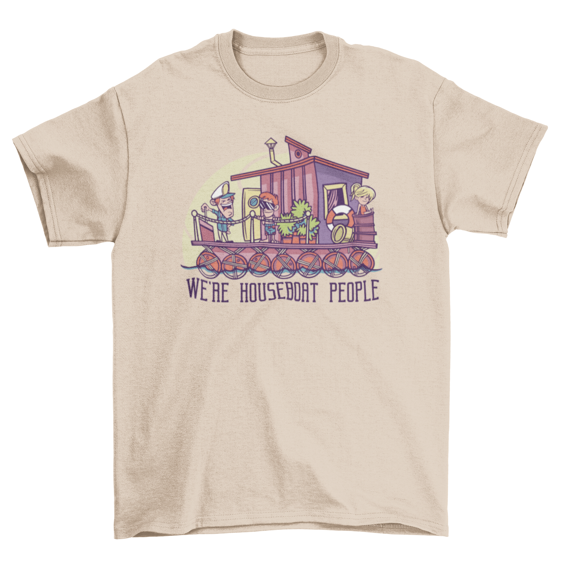 A fun t-shirt featuring three cartoons on a houseboat with the caption 'We're houseboat people'.