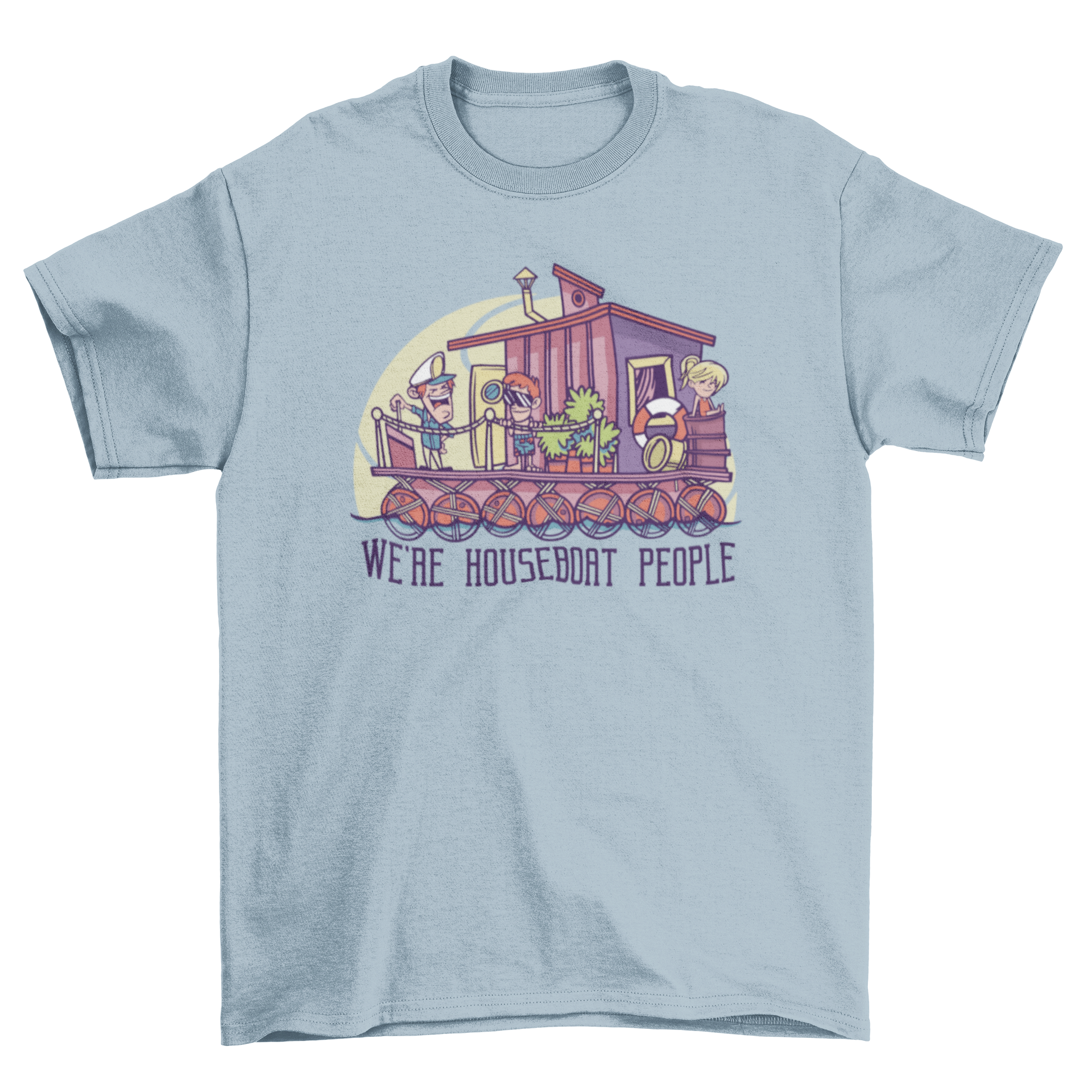 A fun t-shirt featuring three cartoons on a houseboat with the caption 'We're houseboat people'.