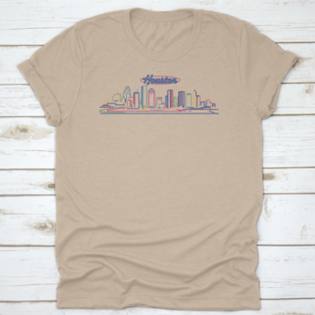 A vibrant t-shirt featuring the illuminated Houston skyline at night, showcasing the cityscape against a blue hour backdrop.