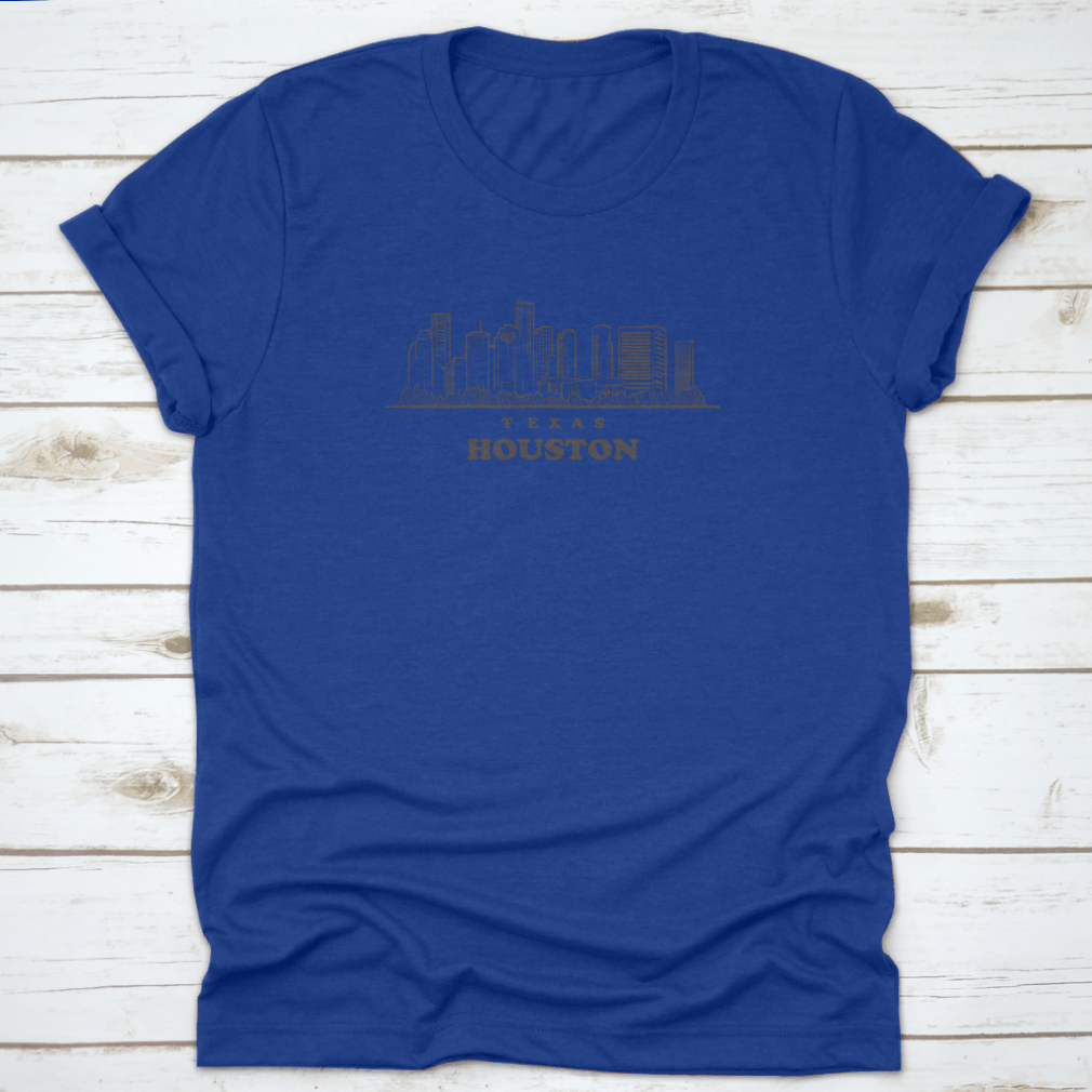 Hand-drawn sketch of the Houston skyline on a comfortable cotton T-shirt, showcasing the city's iconic buildings.