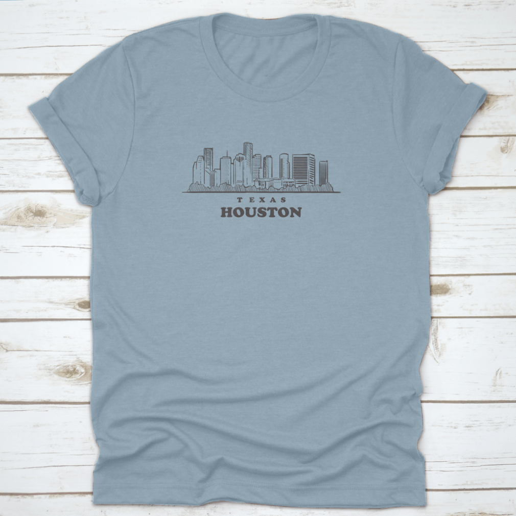 Hand-drawn sketch of the Houston skyline on a comfortable cotton T-shirt, showcasing the city's iconic buildings.