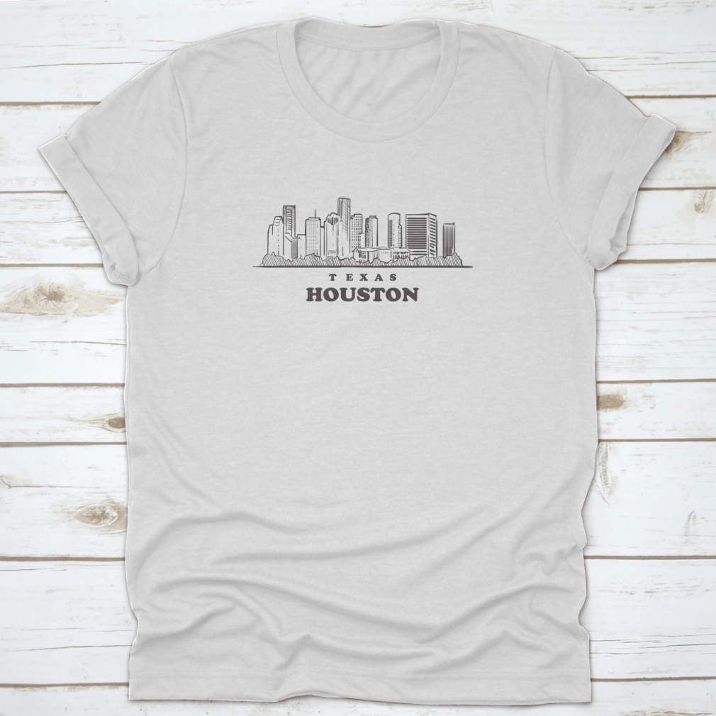 Hand-drawn sketch of the Houston skyline on a comfortable cotton T-shirt, showcasing the city's iconic buildings.