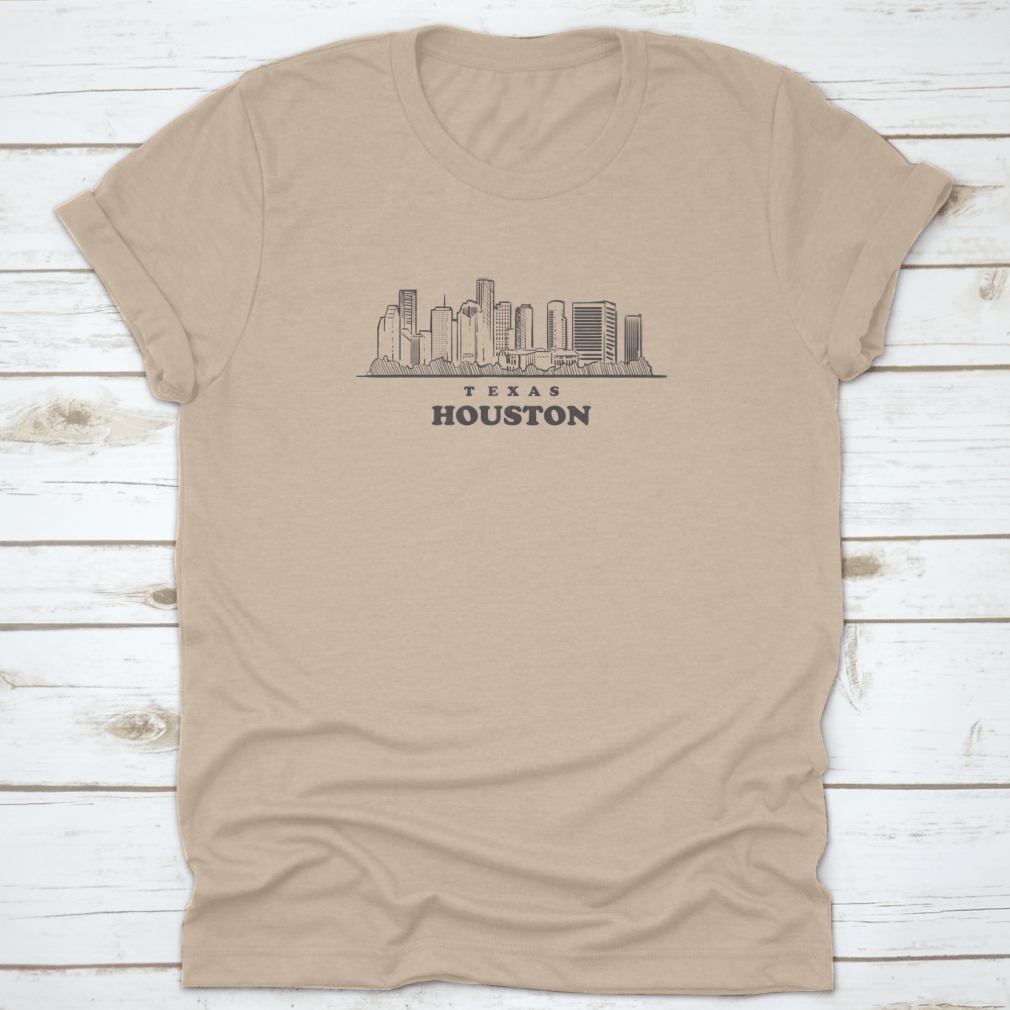 Hand-drawn sketch of the Houston skyline on a comfortable cotton T-shirt, showcasing the city's iconic buildings.