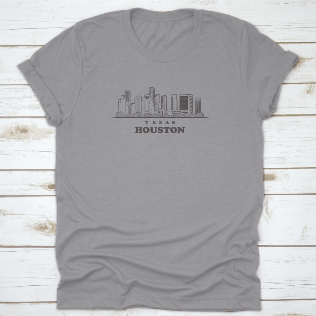 Hand-drawn sketch of the Houston skyline on a comfortable cotton T-shirt, showcasing the city's iconic buildings.