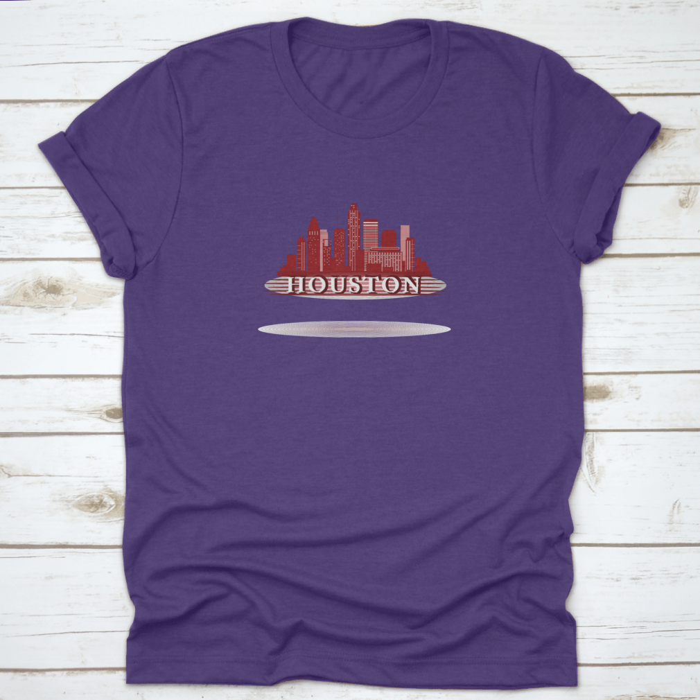 Houston Texas skyline silhouette design on a vibrant red background, showcasing iconic city buildings.