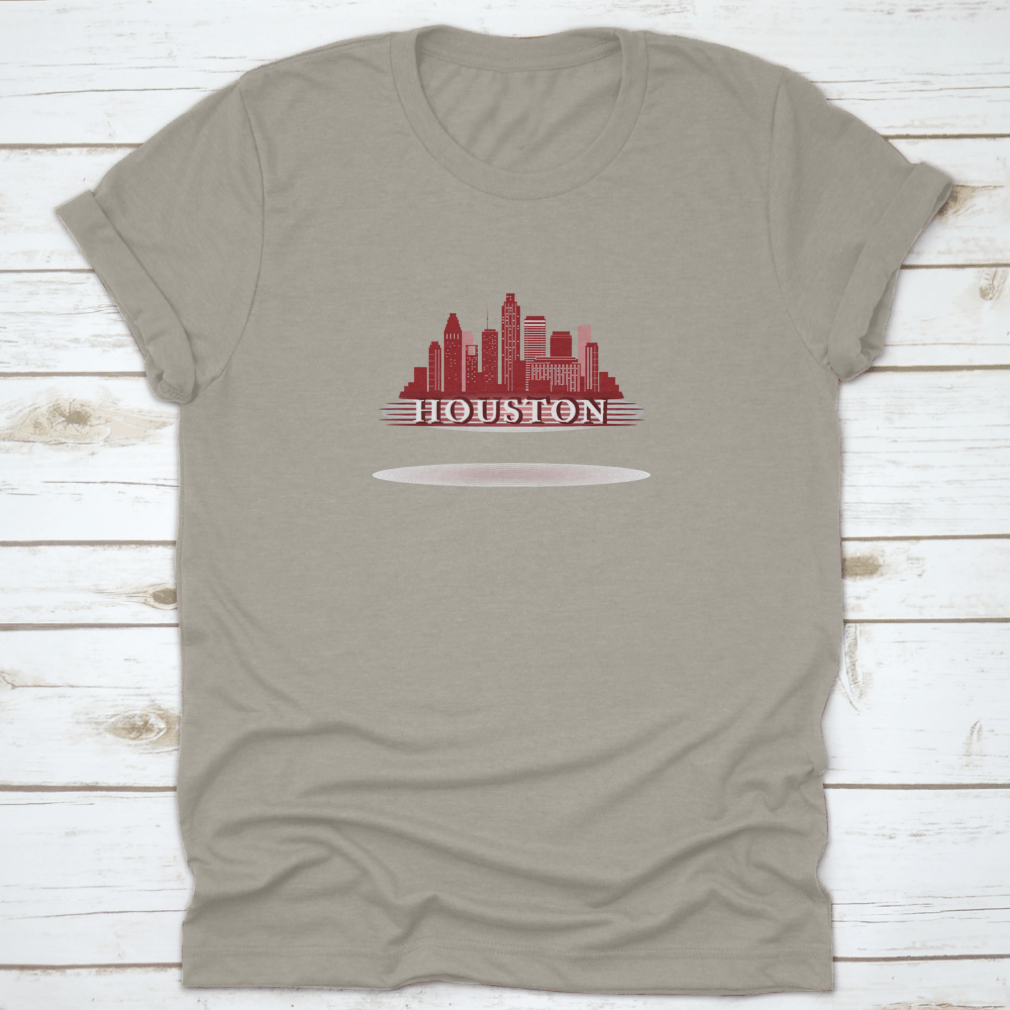 Houston Texas skyline silhouette design on a vibrant red background, showcasing iconic city buildings.