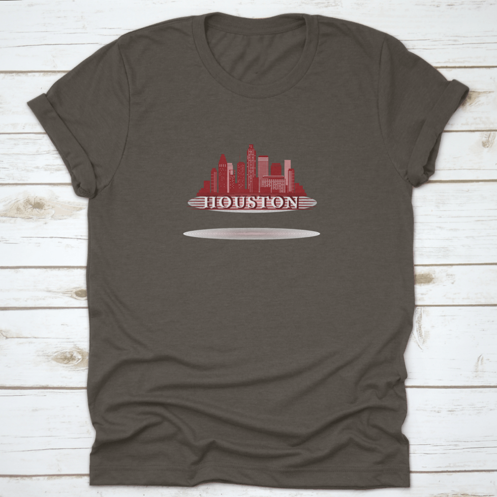 Houston Texas skyline silhouette design on a vibrant red background, showcasing iconic city buildings.