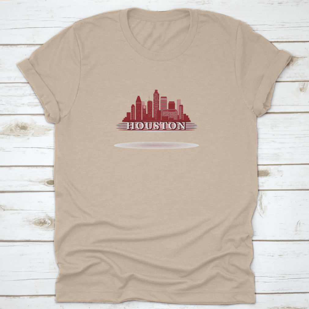 Houston Texas skyline silhouette design on a vibrant red background, showcasing iconic city buildings.