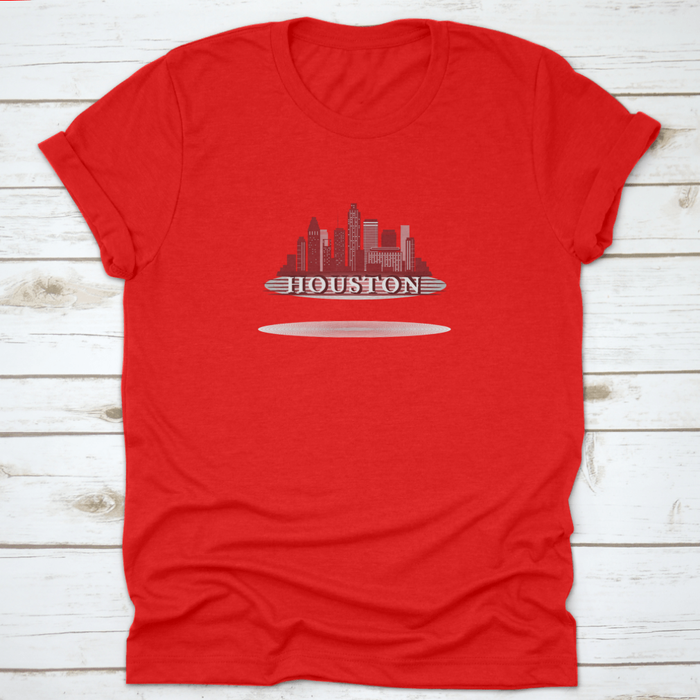 Houston Texas skyline silhouette design on a vibrant red background, showcasing iconic city buildings.