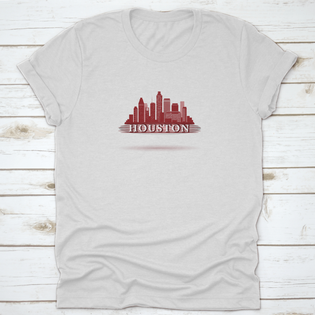 Houston Texas skyline silhouette design on a vibrant red background, showcasing iconic city buildings.