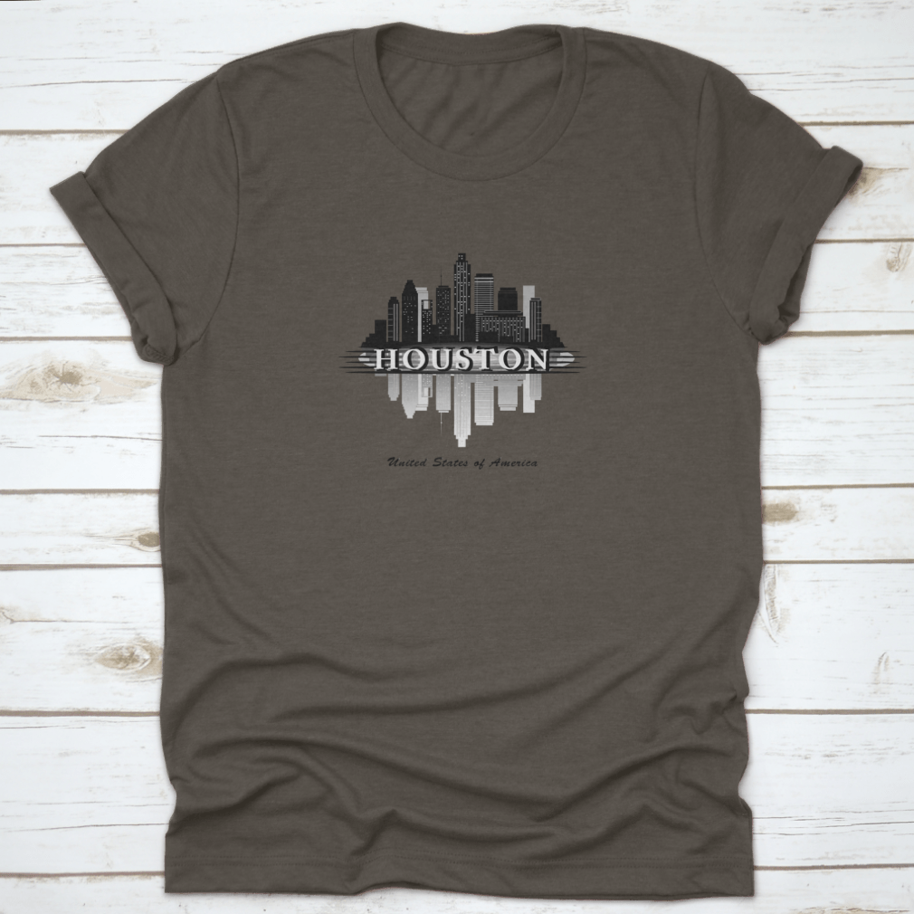 Houston Texas Skyline silhouette design on a comfortable cotton T-shirt, showcasing the city's iconic skyline.