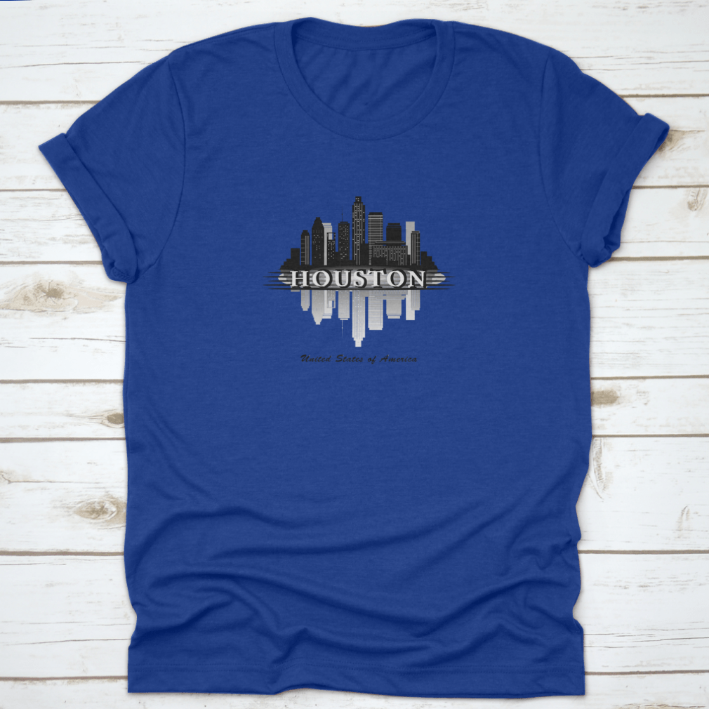 Houston Texas Skyline silhouette design on a comfortable cotton T-shirt, showcasing the city's iconic skyline.