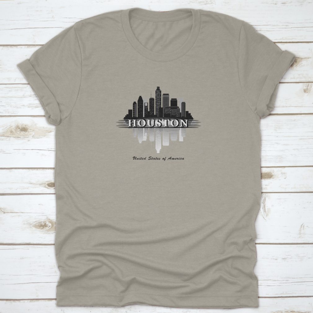 Houston Texas Skyline silhouette design on a comfortable cotton T-shirt, showcasing the city's iconic skyline.