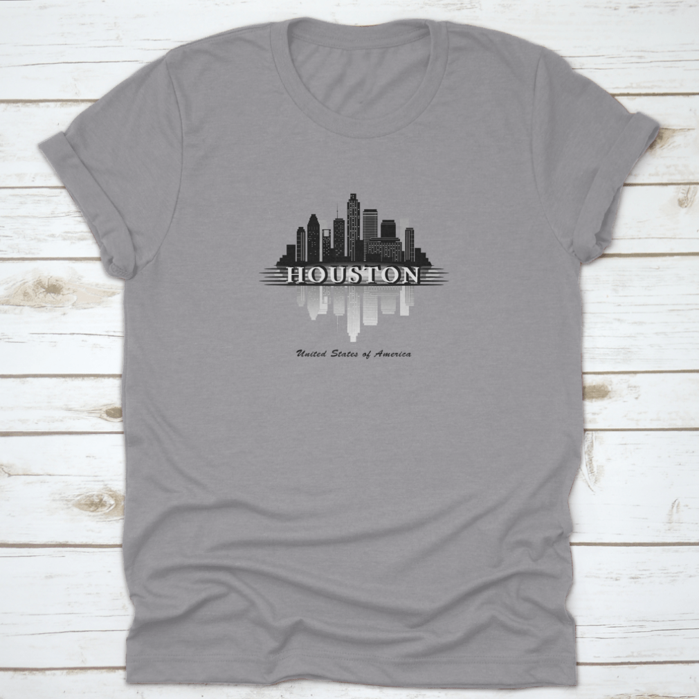 Houston Texas Skyline silhouette design on a comfortable cotton T-shirt, showcasing the city's iconic skyline.