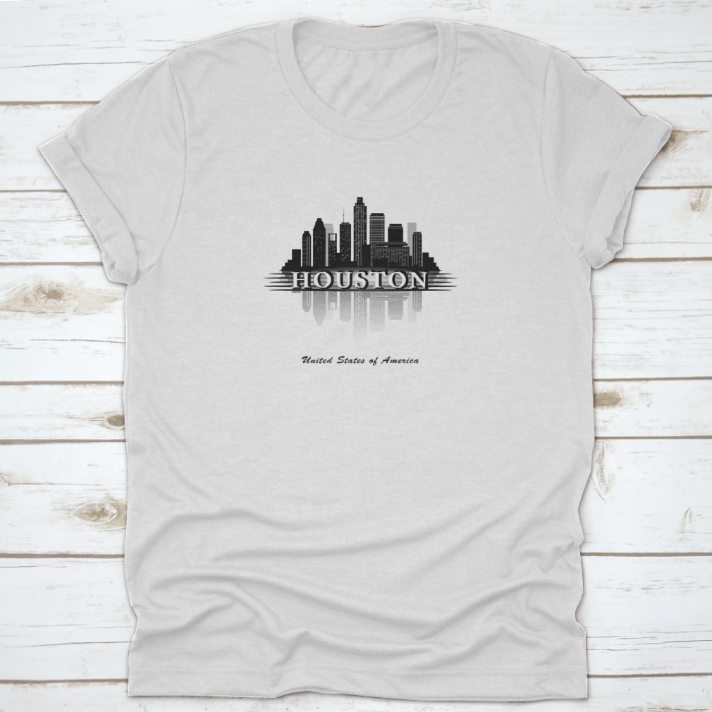 Houston Texas Skyline silhouette design on a comfortable cotton T-shirt, showcasing the city's iconic skyline.