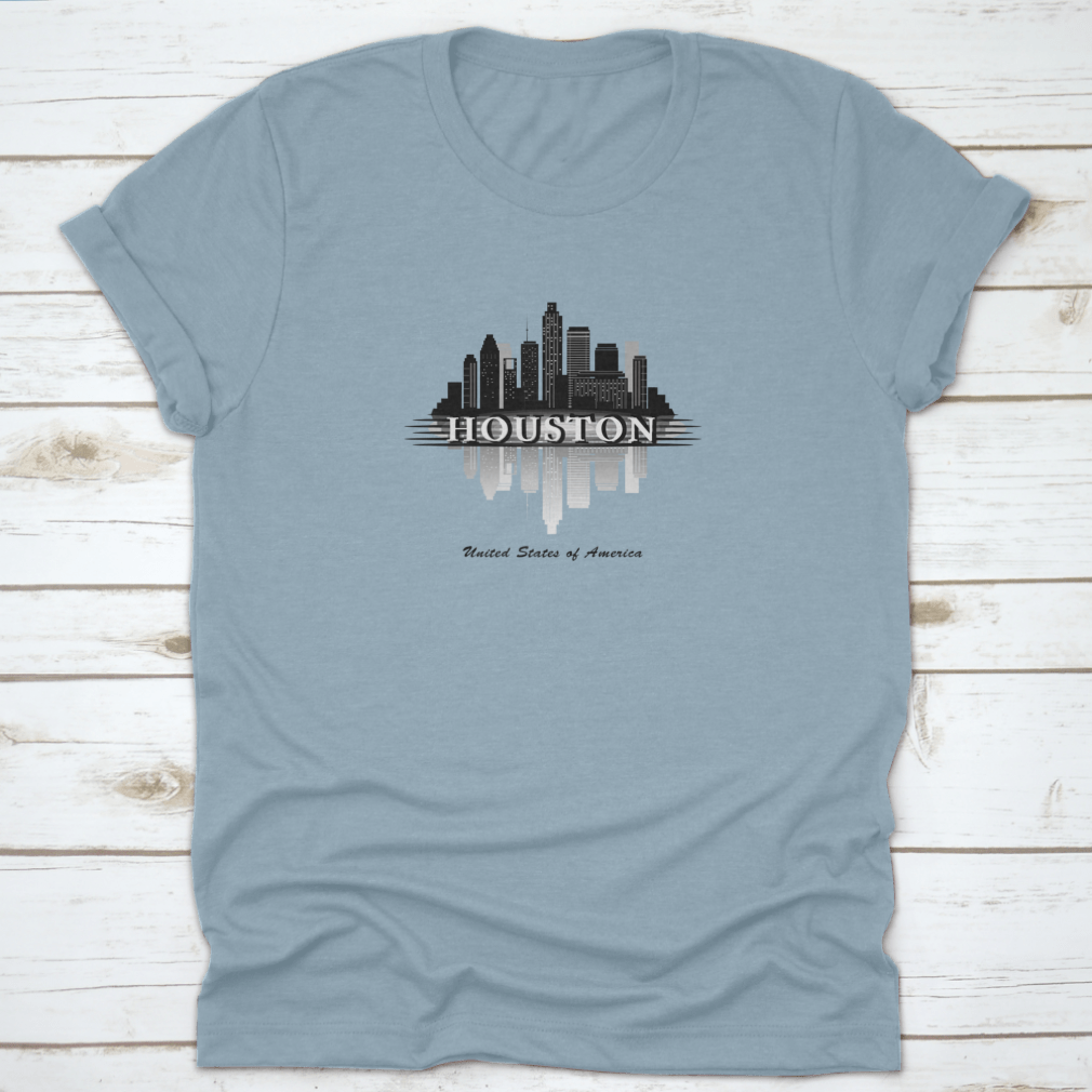 Houston Texas Skyline silhouette design on a comfortable cotton T-shirt, showcasing the city's iconic skyline.