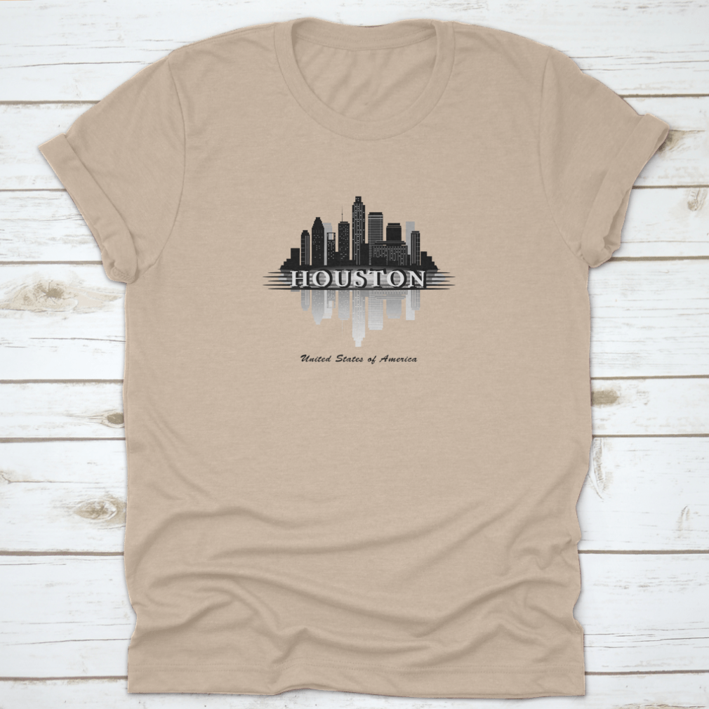 Houston Texas Skyline silhouette design on a comfortable cotton T-shirt, showcasing the city's iconic skyline.