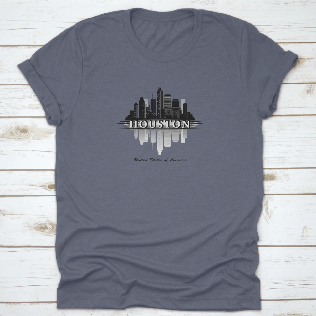 Houston Texas Skyline silhouette design on a comfortable cotton T-shirt, showcasing the city's iconic skyline.