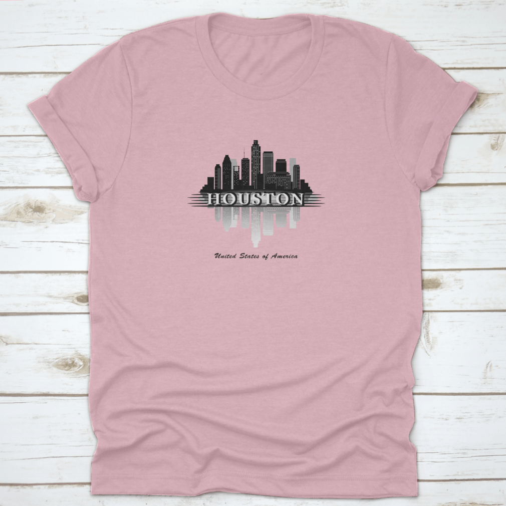 Houston Texas Skyline silhouette design on a comfortable cotton T-shirt, showcasing the city's iconic skyline.