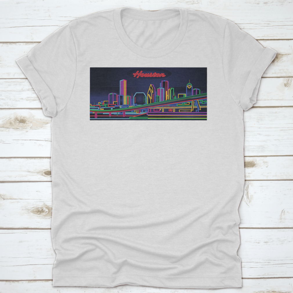 A stylish t-shirt featuring the Houston Texas Skyline, showcasing vibrant cityscape graphics on a comfortable cotton fabric.