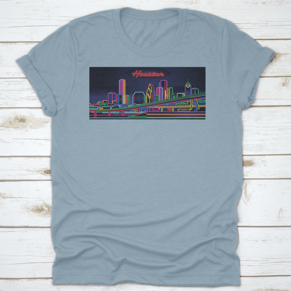 A stylish t-shirt featuring the Houston Texas Skyline, showcasing vibrant cityscape graphics on a comfortable cotton fabric.