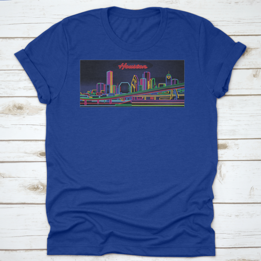 A stylish t-shirt featuring the Houston Texas Skyline, showcasing vibrant cityscape graphics on a comfortable cotton fabric.