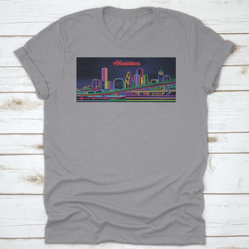 A stylish t-shirt featuring the Houston Texas Skyline, showcasing vibrant cityscape graphics on a comfortable cotton fabric.