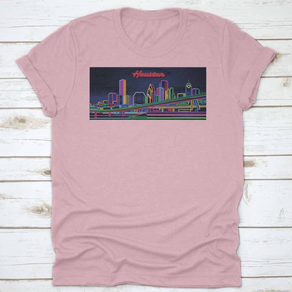 A stylish t-shirt featuring the Houston Texas Skyline, showcasing vibrant cityscape graphics on a comfortable cotton fabric.