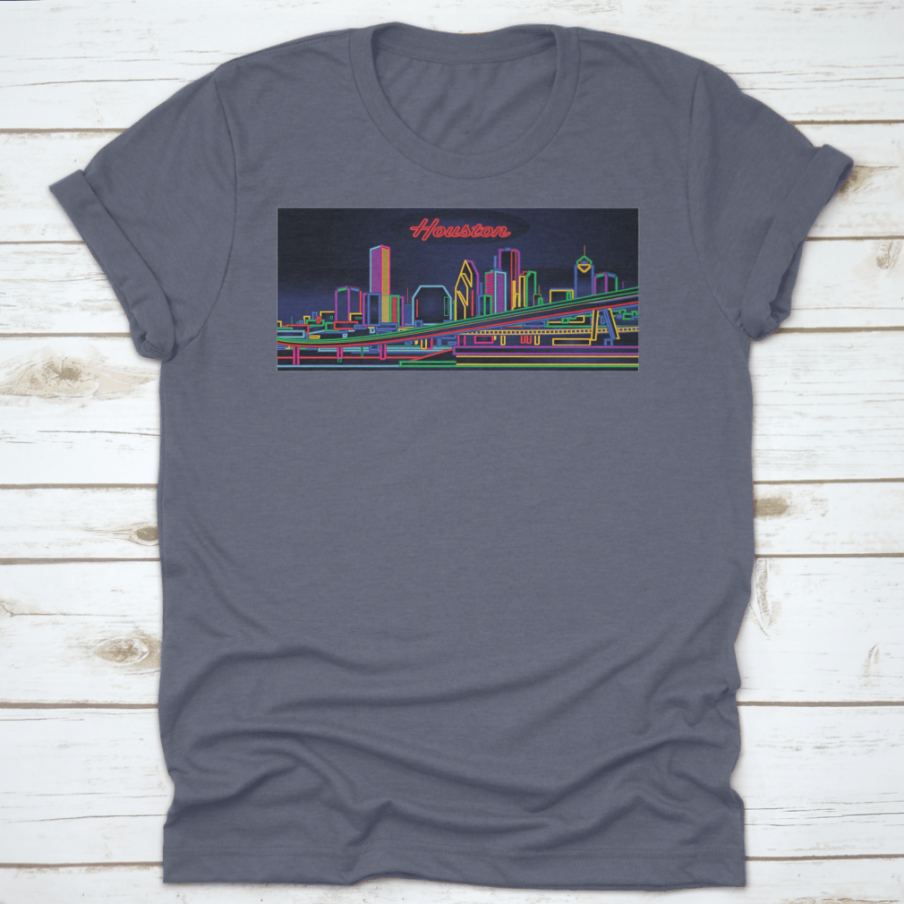 A stylish t-shirt featuring the Houston Texas Skyline, showcasing vibrant cityscape graphics on a comfortable cotton fabric.