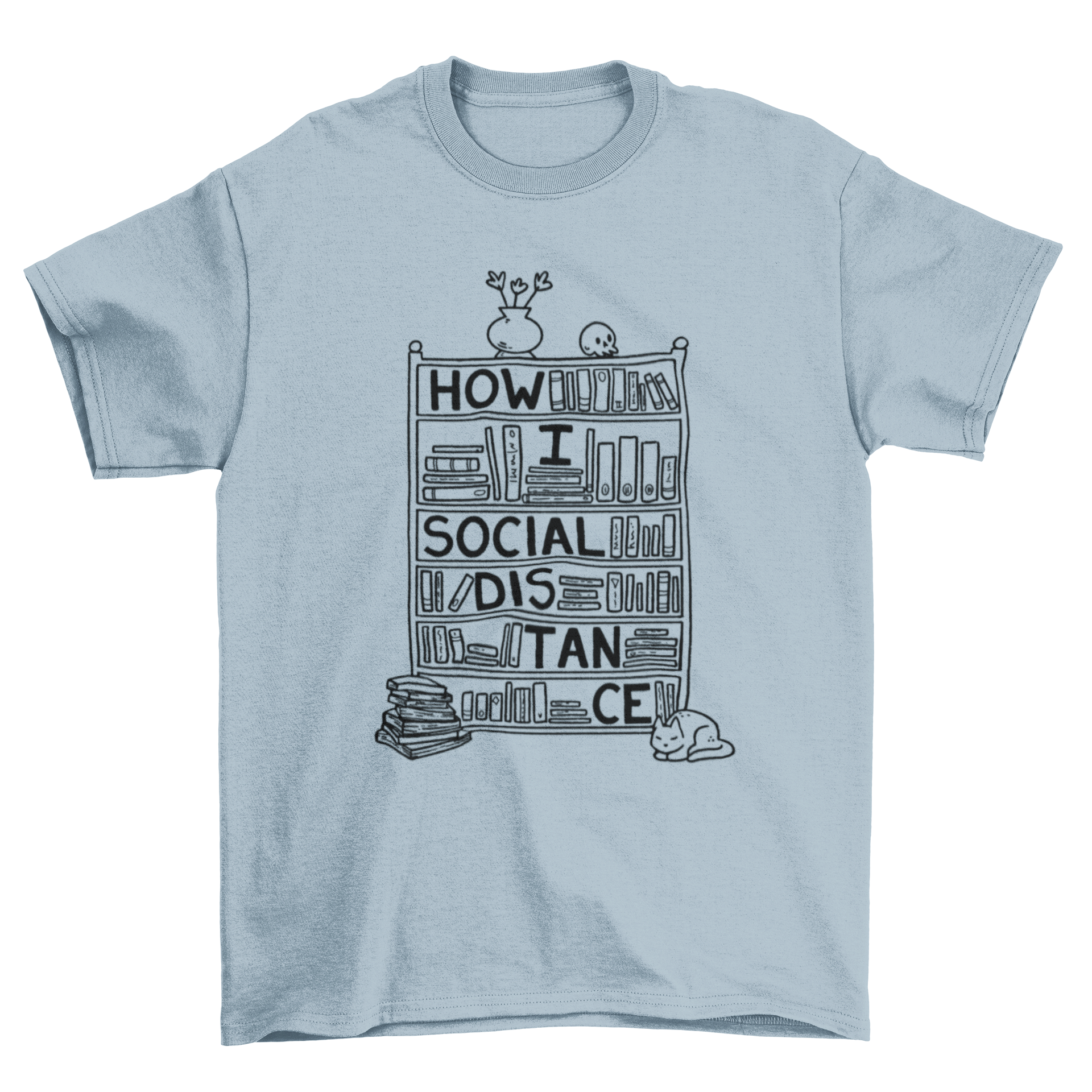 How I Social Distance t-shirt featuring a bookshelf design and quote.