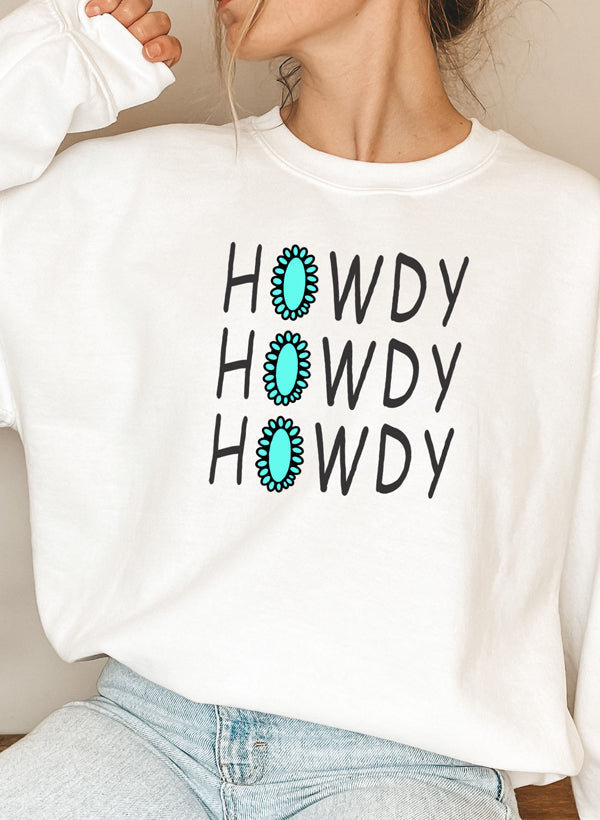 A cozy Howdy Sweat Shirt featuring unique artistic designs, made from a soft cotton/poly fleece blend.